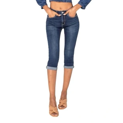Abbildung von Nina Carter P132 Damen Capri Skinny Fit Jeanshosen HIGH Waist Jeans Used Look Waschungseffekt, Dunkelblau (P132 1), XL