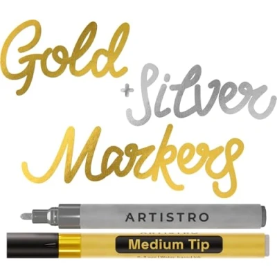 Abbildung von Artistro 2 Gold &amp; Silver Acrylic Paint Pens for Rock Painting Ceramic Wood Glass Tire Plastic 3mm Medium Tip Markers Ideal Labeling DIY Crafts Art Projects