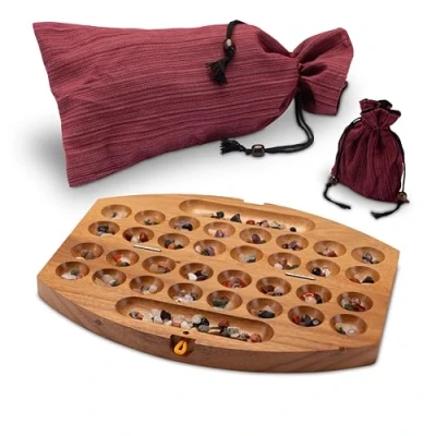 Abbildung von LOGOPLAY Bao Spiel Gr. S Reisespiel für 2 Spieler mit Stoffbeutel oval Hus Kalaha Edelsteinen