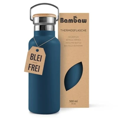 Abbildung von Bambaw Thermoflasche 500 ml, Trinkflasche Blau, Edelstahl Trinkflasche, Kinder 500ml, Metall Wasserflasche Azurblau