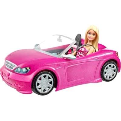 Abbildung von Barbie Puppe und Cabrio in rosa mit Glitzer, realistische Reifen Logo, Spielzeug ab 3 Jahren, DJR55