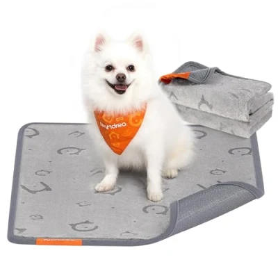 Abbildung von Feandrea Hundedecke, 2er Set, Wiederverwendbare Hundematte, 61 x 46 cm, S, wasserdicht, auslaufsicher, rutschfest, saugfähig für Hunde, Katzen, Kaninchen, Taubengrau PTD001G01