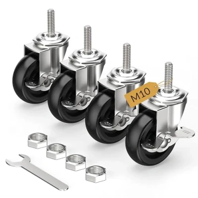Abbildung von HOLKIE Lenkrollen 75mm (3 Zoll) mit Bremsen Möbelrollen Transportrollen, M10 x 1,5 30mm (Schaftdurchmesser 10mm, Schaftlänge 30mm) Schwerlastrollen Gummirollen 4er Set Rollen für Möbel Schwarz
