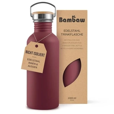 Abbildung von Bambaw Edelstahl Trinkflasche 1l, Nicht isolierte Rot, Grosse Trinkflasche, Wasserflasche 1l Spülmaschinenfest Kirschrot
