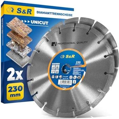 Abbildung von S&amp;R Professional Diamanttrennscheibe 230 x 22,2 mm UNICUT, 2 tlg Set, Diamant Trennscheibe zum Trennen von Baumaterialien, Beton, Naturstein, Stein, Ziegel, Mauerwerk, besonders hohe Standzeit