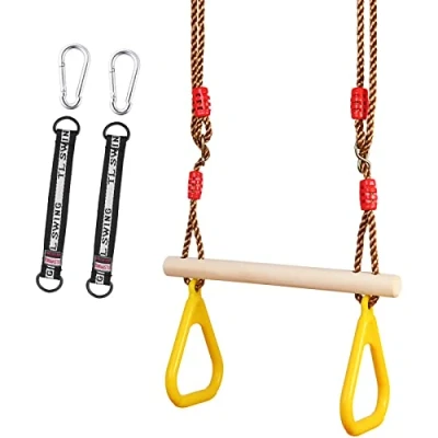 Abbildung von GOLDGE Trapez Schaukel Holz Outdoor mit Kunststoff Turnringe Kinder Belastbar bis 120KG und Dinosaurier Aufkleber, Einstellbar &amp; Indoor