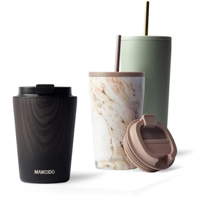 Abbildung von MAMEIDO Thermobecher 350ml, 470ml &amp; 700ml dichter Kaffeebecher to go aus Edelstahl doppelwandig isoliert, auslaufsicher Coffee Becher warmhaltend (Ebony, 0,35l)