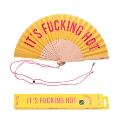 Abbildung von Fisura Origineller Handfächer mit der Botschaft &quot;f*cking hot&quot;. Moderner und lustiger Holzfächer. Gelber rosa Fächer. Maße: 42,5 x 23 cm. Holz Textil.