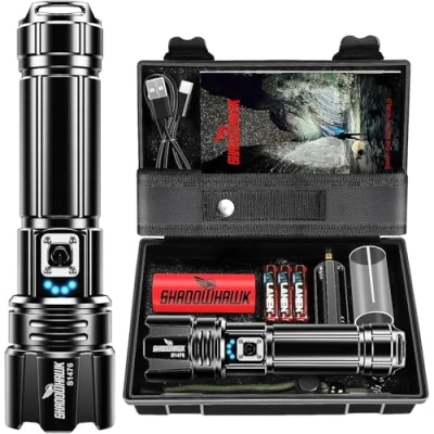 Abbildung von Shadowhawk Taschenlampe Led 500000 Lumen, Extrem Hell USB Aufladbar Taktische Taschenlampen Mit holster XHP70.2, IP67 Wasserdicht 5 Lichtmodi für Camping Wandern Notfälle