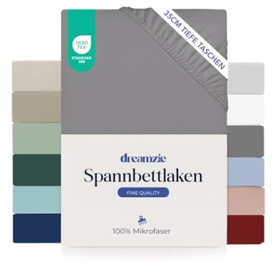 Abbildung von Dreamzie Spannbetttlaken 120x200cm 35 cm Tiefe Tasche 100% Mikrofaser Bettlaken Anthrazit, Schadstoffgeprüft(Oeko TEX), mit Gummizug