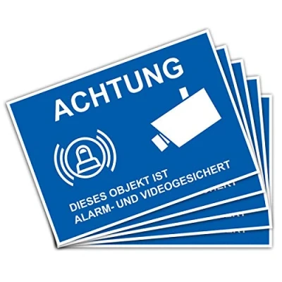 Abbildung von 5 Stück Achtung dieses Objekt ist Alarm und Videogesichert dieser Bereich wird videoüberwacht in A6 14,8 x 10,5 cm Aufkleber Sticker mit UV Schutz für Außen Innenbereich
