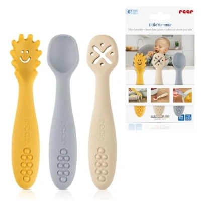 Abbildung von reer LittleYummie Silikon Babylöffel Baby led Weaning Lernbesteck/Lernlöffel Besteckset 100% lebensmittelechtes