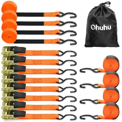 Abbildung von Ohuhu Spanngurte mit Ratsche 2 teilig zweiteilig 8 Stück, 680Kg 4,6m Ratschengurt Zurrgurte Haken, Befestigungsriemen Gummibeschichtete Metallgriffe, Orange
