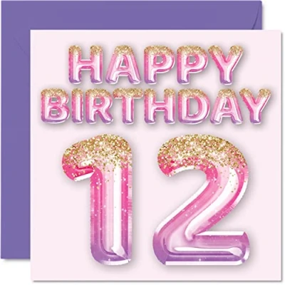 Abbildung von Geburtstagskarte zum 12. Geburtstag für Mädchen rosa und lila Glitzerballons Happy Karten 12 Jahre altes Tochter Schwester Enkelin Cousin 145 mm Zwölfter Grußkarten Geschenk