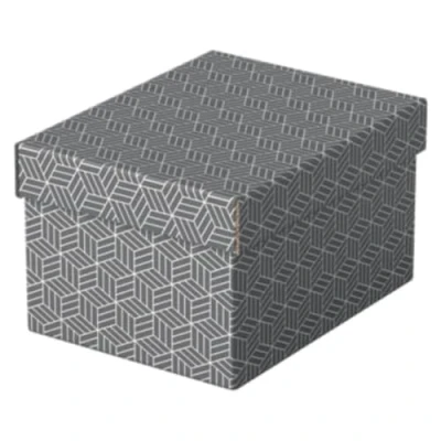 Abbildung von Esselte 3er Set kleine Aufbewahrungs &amp; Geschenkboxen mit Deckel, Schachteln für Wohnung/Büro Geschenkverpackung, 100% recycelter Karton, recycelbar, geometrische Designs, Grau, 628281