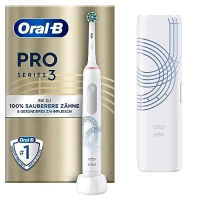 Abbildung von Oral B Pro Series 3 Elektrische Zahnbürste/Electric Toothbrush, 1 Aufsteckbürste, Putzmodi und visuelle 360 Andruckkontrolle für Zahnpflege, Reiseetui, Special Edition, Designed by Braun, white