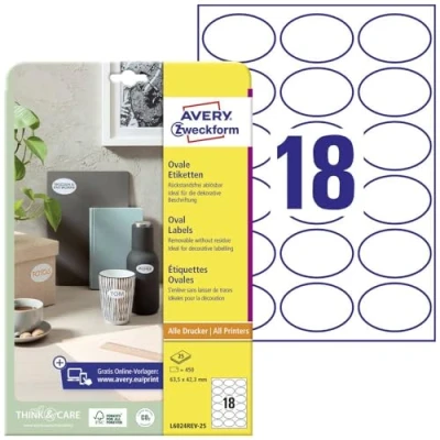 Abbildung von AVERY Zweckform L6024REV 25 ovale Etiketten (zum Bedrucken, selbstklebend, 63,5x42,3 mm, A4, 450 Aufkleber auf Blatt, wieder haftende Klebepunkte zum Kennzeichnen von Unterlagen, Produkten) weiß
