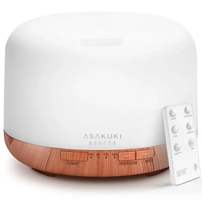 Abbildung von ASAKUKI Aroma Diffuser 500ML, Ultraschall Aromatherapie für Ätherische Öle, Luftbefeuchter mit Fernbedienung, Automatische Abschaltung bei Wasserlosem Zustand, und 7 Arten LED Lichtfarben