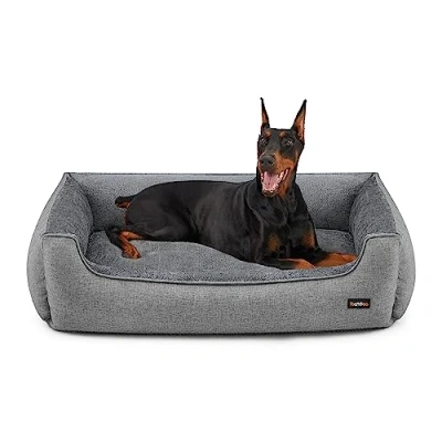 Abbildung von Feandrea Hundebett, Hundekissen in Leinenoptik, Hundekorb, erhöhte Ränder, rutschfeste Unterseite, Bezug abnehmbar waschbar, XXL, für extra große Hunde, 120 x 90 30 cm, hellgrau PGW013GG