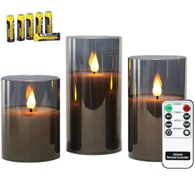 Abbildung von Rhytsing Grau flammenlose Kerzen im Glas, 3 Glaswindlichter mit Fernbedienung und Timerfunktion, warmweiße Licht Batterien enthalten