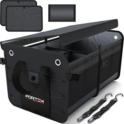 Abbildung von FORTEM Kofferraum Organizer, Kofferraumtasche, Zusammenklappbarer Auto Organizer mit Fächern, Rutschfester Boden, Verstellbare Sicherungsriemen, Klappbarer Deckel (Schwarz, Groß)
