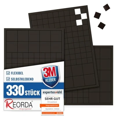 Abbildung von Reorda® Magnetplättchen selbstklebend (330 Stück) Starker 3M Kleber ermöglicht erstklassige Klebekraft Vielseitige Flache Magnete zum basteln &amp; schneiden Ideal nutzbar für Schule Büro