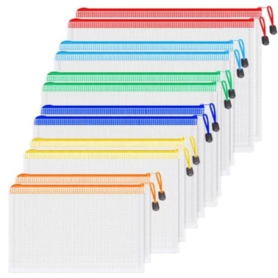 Abbildung von Koogel 12 Stück Dokumententaschen mit Reißverschluss, 6 Größen &amp; Farben, Wasserdichte Mesh Dokumentenmappe für Rechnung, Datei, Kosmetik, Bürobedarf, Hausaufgaben, Schule Reise