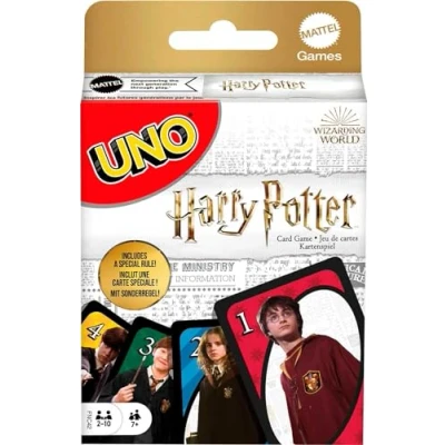 Abbildung von UNO Harry Potter Kartenspiel mit beliebten Figuren aus der magischen Welt von Hogwarts besonderer Regelkarte und Sprechenden Hut Geschenk für Fans ab 7 Jahren, FNC42