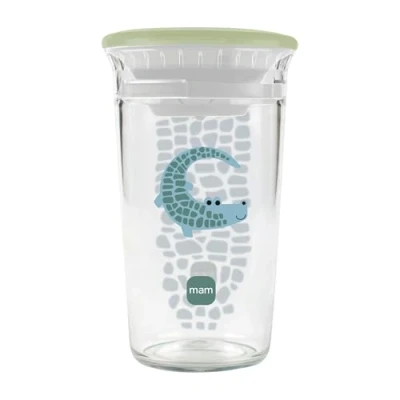 Abbildung von MAM Easy to Drink Cup 360 Trinklernbecher ab 8+ Mon Auslaufsicherer Silikoneinsatz mit Ventil BPA &amp; BPS frei leicht zu reinigen Baby Kinder Trinkbecher Glasoptik 290 ml Krokodil