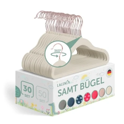 Abbildung von Laleni Kinderkleiderbügel 30 Stück mit Samtbezug platzsparende Kleiderbügel Kinder 360 drehbare rutschfeste samt Rosegold &amp; Elfenbein