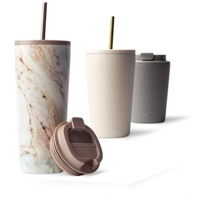 Abbildung von MAMEIDO Thermobecher mit Strohhalm 700ml &amp; 470ml Trinkbecher Deckel und aus Edelstahl doppelwandig isoliert, auslaufsicher Coffee to go Becher (Pearl Marble, 0,7l)