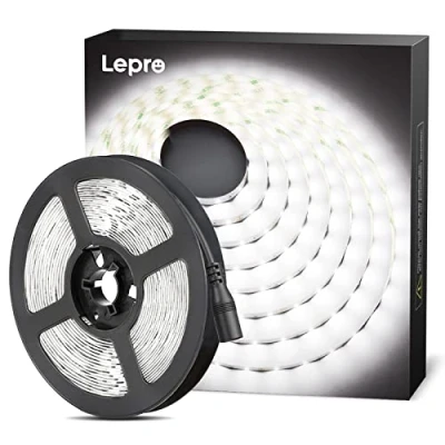 Abbildung von Lepro LED Strip Kaltweiß, 5M Streifen 12V Selbstklebend, Band mit 300 Stück 2835 LEDs, 6000K 2300 Lumen Weiß Dimmbar Leiste, Kaltweiss DIY Lichtband für Innen Heim Küche Deko,Kein Netzteil