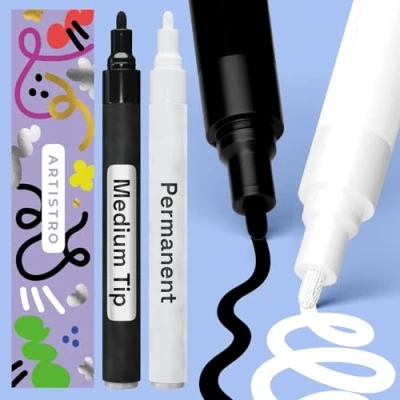 Abbildung von Artistro Permanent Marker Schwarz und Weiß 2 Stück Acrylstifte Wasserfest Filzstift mit 3 mm Spitze, Schnell Trocknender Glanzlackmarker für Textil, Stein, Keramik, Glas, Holz, Metall, Karton