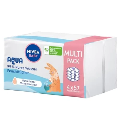Abbildung von NIVEA Baby AQUA Feuchttücher, Feuchttücher zur sanften Reinigung empfindlicher Haut, hypoallergene und parfümfreie für Babys mit 99% Wasser (4 x 57 Stück)