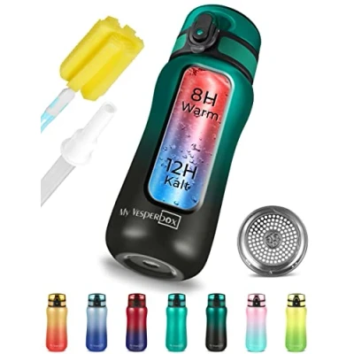 Abbildung von My Vesperbox Thermo Minny Edelstahl Trinkflasche auslaufsicher mit Strohhalm oder Sieb 400ml, 600ml Robuste Wasserflasche für Kinder und Erwachsene (Grün Schwarz, 400 ml)