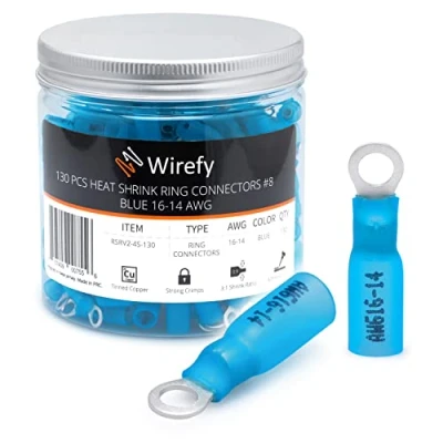 Abbildung von Wirefy Blaue Ringkabelschuhe Schrumpfverbinder M4 Lötfreie Kabelschuhe Sortiment Ringkabelschuh Quetschverbinder 1,5 2,5 mm² 130 Stück