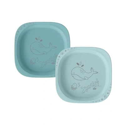 Abbildung von nip Green Öko Baby und Kinderteller, mikrowellen spülmaschinengeeignet, extra flach &amp; perfekt für Beikoststart, BPA frei, ohne Melamin, nachhaltig, 2er Set, Tiermotiv, Blau