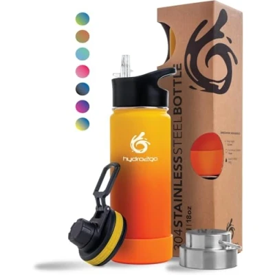 Abbildung von hydro2go ® Trinkflasche aus Edelstahl 530 ml / 0.5 Liter für Kinder, Schule, Sport, Fitness &amp; Outdoor Thermo Edelstahlflasche BPA frei + 3 Trinkverschlüsse 100% Auslaufsichere Thermoskanne