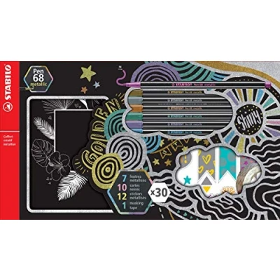 Abbildung von Kreativbox mit Premium metallic Filzstift STABILO Pen 68 30teiliges Set 7x metallic, 10x dunkle Karten, 12x Sticker, 1x Washi Tape