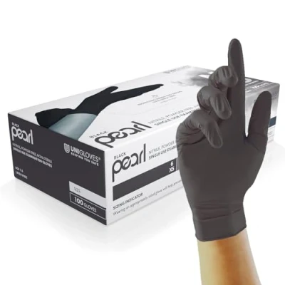 Abbildung von UNIGLOVES Black Pearl Nitril Untersuchungshandschuhe vielseitig einsetzbar, puderfreie und latexfreie Einweghandschuhe Box mit 100 Handschuhen, Schwarz, Extra Klein (GP0031)