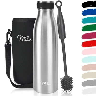 Abbildung von Milu Edelstahl Trinkflasche 350ml 500ml 750ml 1L 1,5L Thermosflasche, Isolierte Wasserflasche, Auslaufsichere Isolierflasche doppelwandig, Kohlensäure geeignet inkl. Reinigungsbürste (Grau, 500ml)