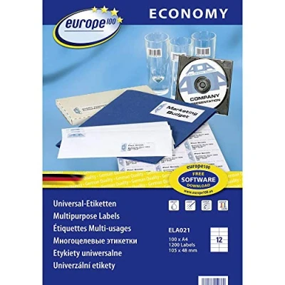 Abbildung von Europe100 Art. ELA021 Adressaufkleber (1.200 Klebeetiketten, 105x48mm auf A4, Papier matt, individuell bedruckbar, selbstklebende Adressetiketten, kompatibel zu AVERY 3424) 100 Blatt, weiß