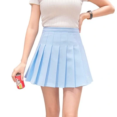 Abbildung von Hoerev Frauen Mädchen Kurze hohe Taille gefaltete Skater Tennis Schule Rock,Blau,34 / S