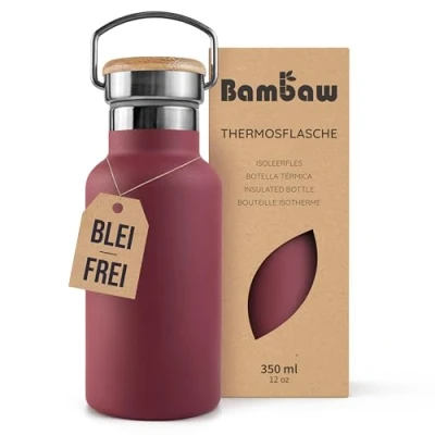 Abbildung von Bambaw Thermosflasche Kinder 350ml, Wasserflasche Rot, Trinkflasche Edelstahl, Isoliert, Edelstahl Flasche Bambus, Isolierflasche 350 ml Kirschrot