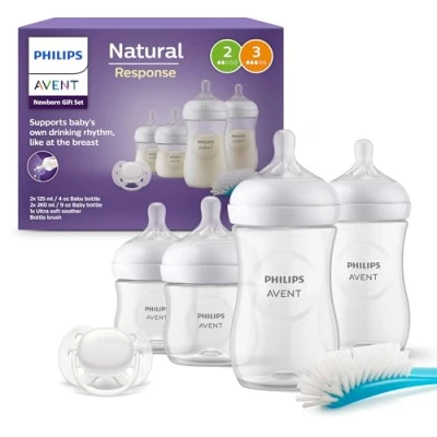 Abbildung von Philips Avent Babyflaschen Natural Response, Geschenkset für Neugeborene 4 Babyflaschen, ultra soft Schnuller und Flaschenbürste, Babys von 012 Monaten älter (Modell SCD838/11)