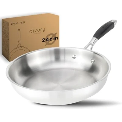 Abbildung von DIVORY Edelstahl Pfanne 24 cm PURA Induktion I unbeschichtete große Bratpfanne für alle Herdarten Induktionspfanne, Ergonomischer Griff, Spülmaschinen geeignet (24cm, Silber)