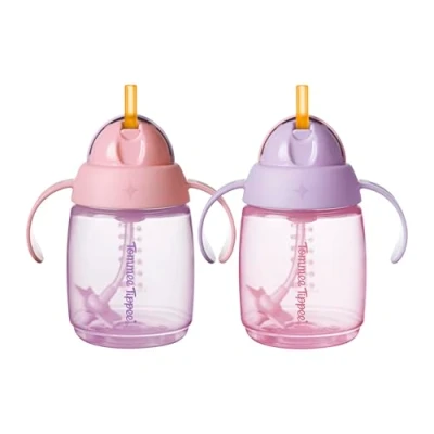 Abbildung von Tommee Tippee Trainer Trinkhalmbecher, 240 ml, Übergangsbecher für Kleinkinder ab sechs Monaten, mit gewichtetem Trinkhalm aus Silikon und leicht zu haltenden Griffen, Pink Violett, 2 Stück