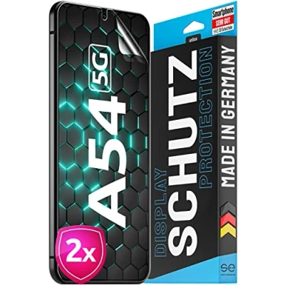 Abbildung von SE© für Samsung Galaxy A54 5G Schutzfolie 2x Folien im SET aus Deutschland, 100% Funktion, Folie, Panzer Folie Alternative Glas, Zertifizierte Herstellung in Herford.