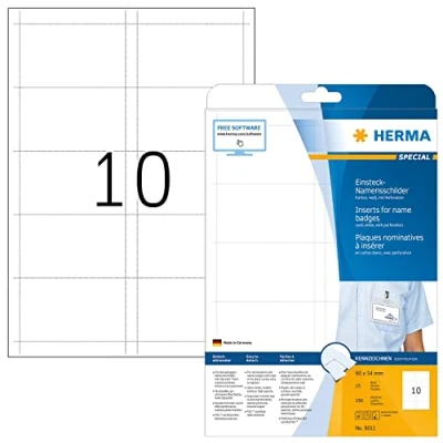 Abbildung von HERMA 9011 Namensschilder für Kleidung perforiert, 25 Blatt, 90 x 54 mm, 10 pro A4 Bogen, 250 Stück, bedruckbar, nicht klebende Karton Einsteckkarten mit Perforation, weiß