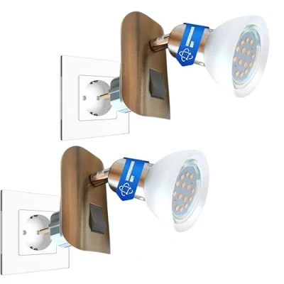 Abbildung von Trango 2er Pack 11 242 LED Steckerlicht in Nickel matt mit Glasschirm Steckerleuchte inkl. je 1x GU10 Leuchtmittel 3000K warmweiß &amp; Kippschalter Leselampe, Küchenlampe, Steckdosenlampe, Wandlampe